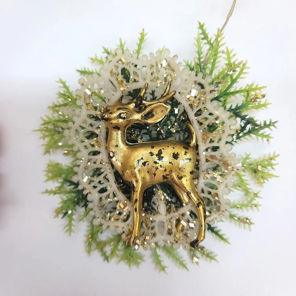 Vintage Christmas Lot Diorama Balls & Elf Ornaments Gold Deer Floral Decor